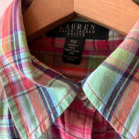 Lauren Ralph Lauren Vintage Plaid Cotton Button Down Top Petite Medium - Picture 5 of 9